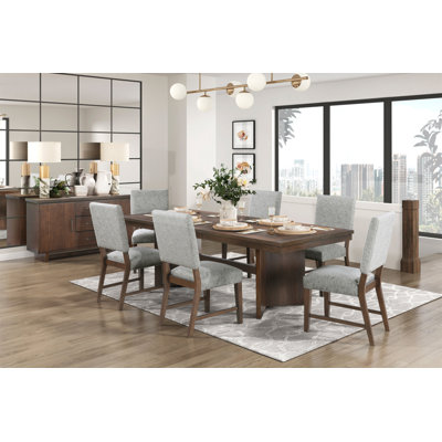 Walnut Finish Modern Dining Set 7Pc Table With Self-Storing Extension Leaf And 6 Chairs Upholstered Wooden Furniture