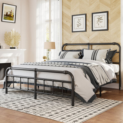 Amylia Anti-Sway Heavy Duty 14” Metal Iron Bed Frame - Noise-Free Platform Bed with Headboard & Footboard, Artistic Steel Pipe Moulding, Non-Slip, No Box Spring Needed, Cal King Size for Master Bedroom/Shared Space