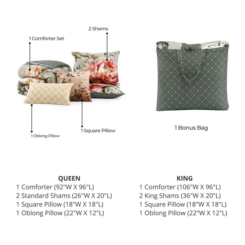Blush and Sage Floral Queen Cotton Reversible Comforter Set