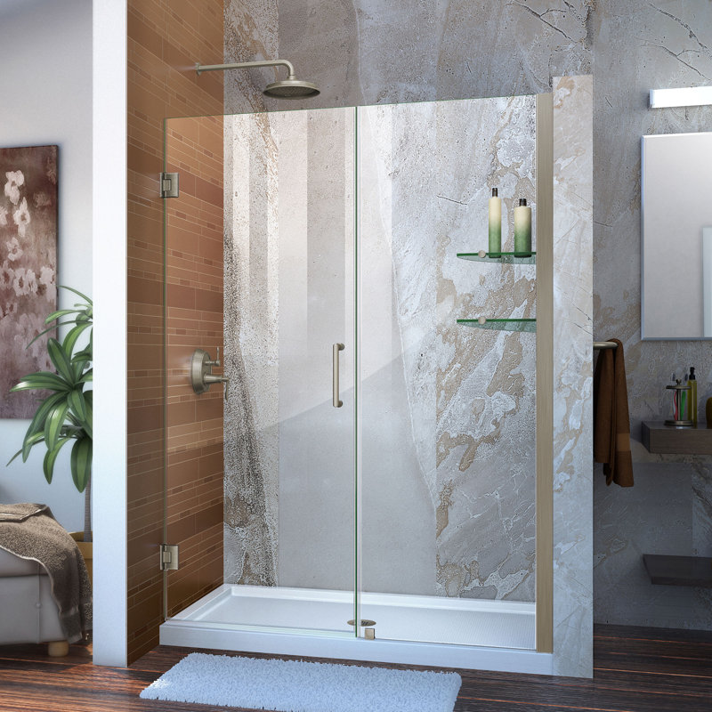 DreamLine Unidoor 57 - l 58 po x H 72 po sans cadre porte de douche à charnière avec tablettes en nickel brossé, 58"
