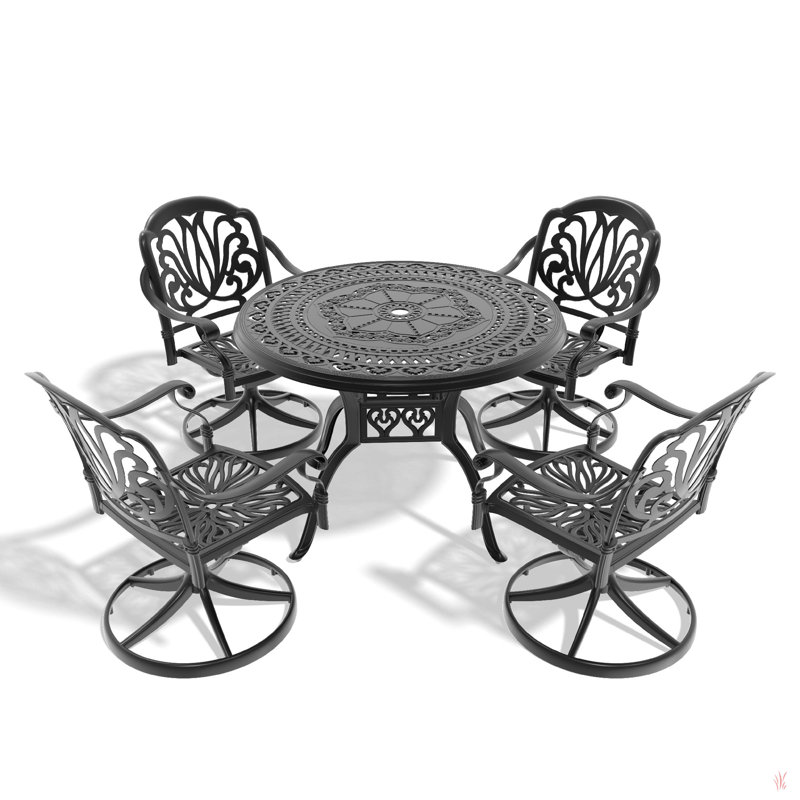 All-Weather Cast Aluminum Dining Set, Include Swivel Chairs And Round Table With Black Frame, 4