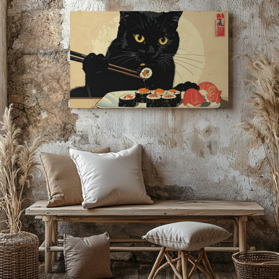 Wall Art Canvas Sushi Eating Black Cat Japanese Style Feline With Chopsticks When Wall Ready To Hang Gallery Wrapped Home Decor Decor
