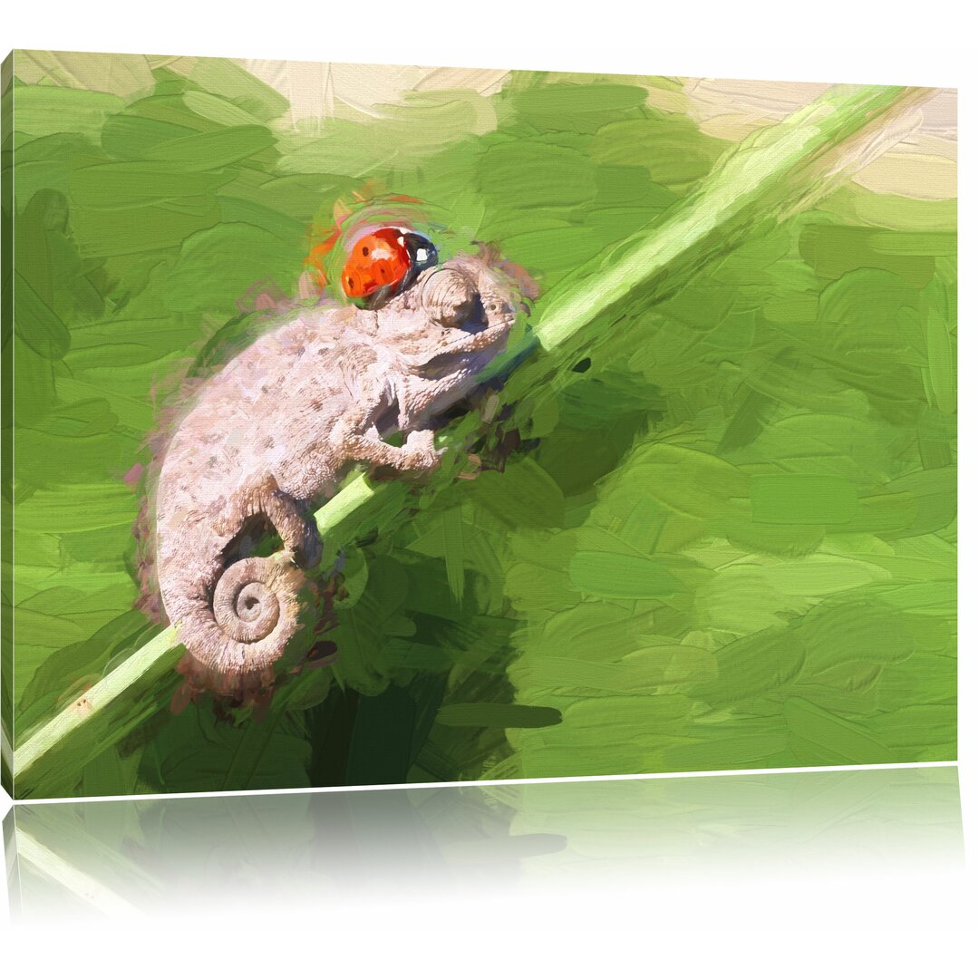 Leinwandbild "Süßer Gecko mit einem Marienkäfer", Grafikdruck