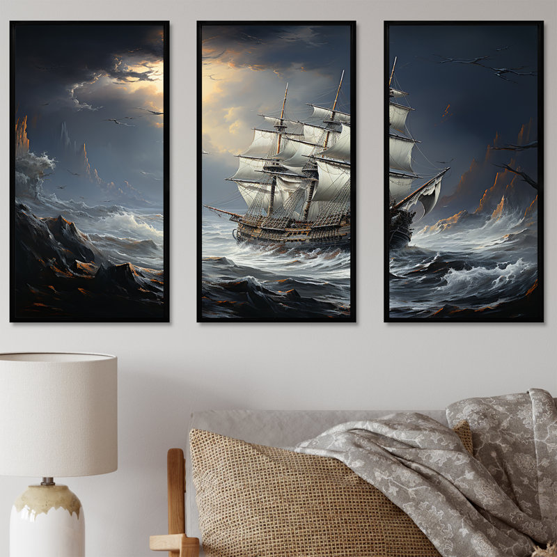 Bateau pirate à Stormy Seas I - Ensemble de décoration murale pirate, H 28 po x l 36 po x P 1 po, Cadre flottant noir