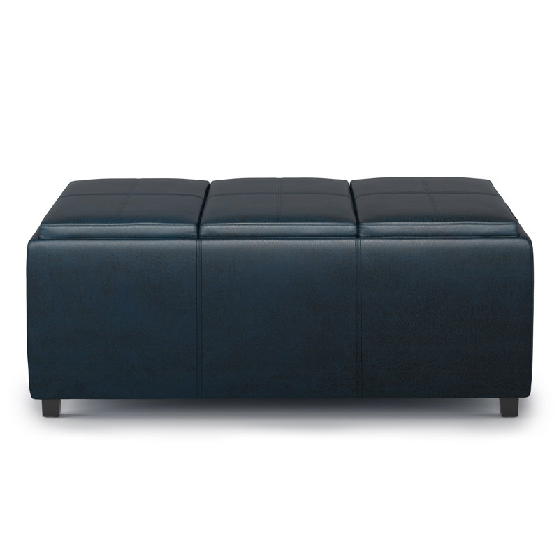 Avalon Distressed Dark Blue Faux Leather Storage Ottoman with Trays