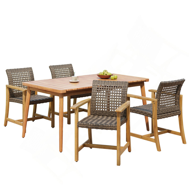 Ensemble de salle à manger 5 pièces pour patio, table à lattes de 63 po et 4 chaises en bois d'acacia et en rotin de polyéthylène pour patio