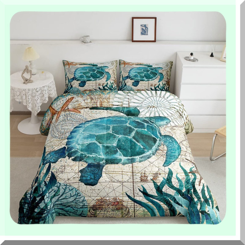 Ocean Breeze Turtle Comforter Set - Teal Turquoise Themed Mediterranean Design - Quilted Duvet Set with 2 Pillowcases - Size 1 Comforter - Down Alternative