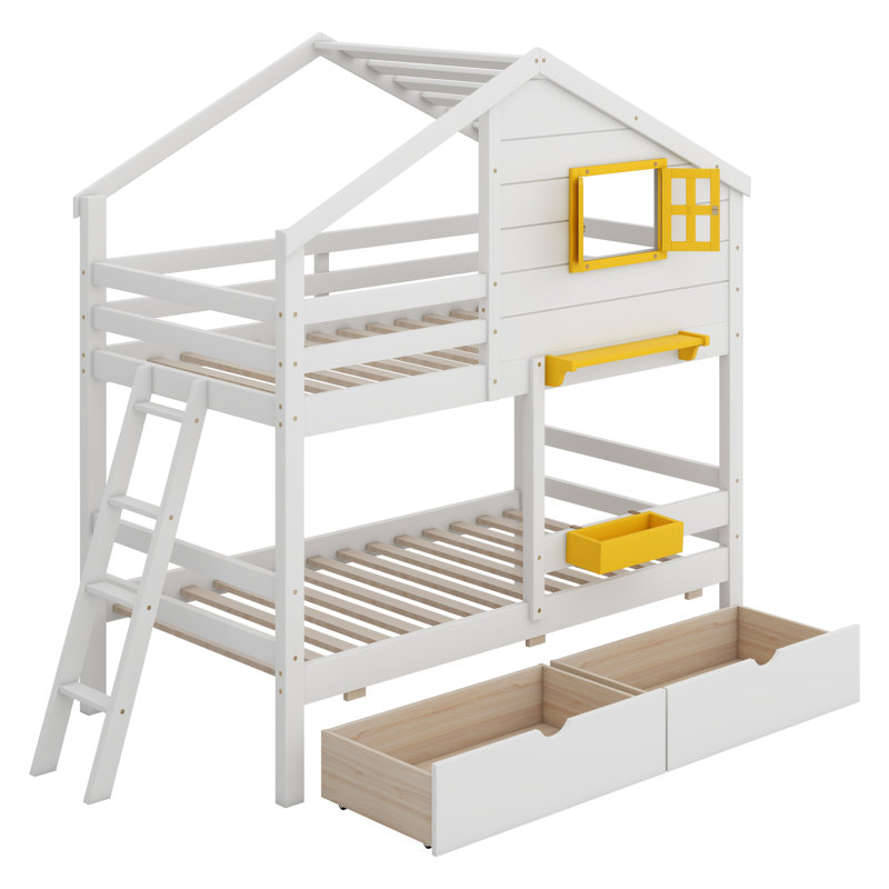 Lit superposé avec 2 tiroirs, 1 boîte de rangement, 1 tablette, fenêtre et toit, Blanc