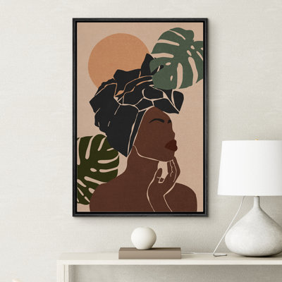 " African American Stylish Black Woman Female Portrait Mid-Century Modern Boho Abstract Jungle Plant "