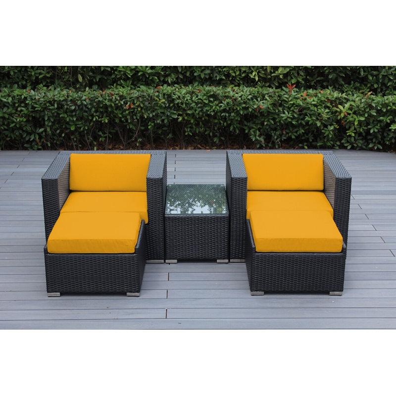 Billyjo Wicker 2 - Person Seating Group with Cushions - No Assembly, Canvas Sunflower Yellow Sunbrella® Canvas, Black
