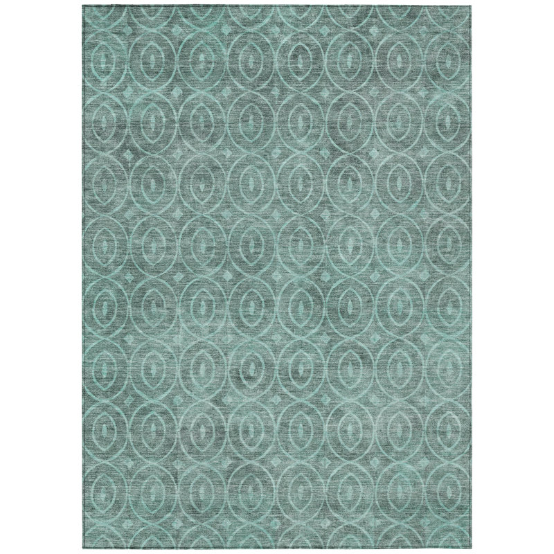 3' X 5' Teal Blue Geometric Washable Indoor Outdoor Area Rug