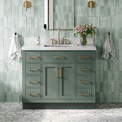Meuble-lavabo simple en bois massif 42 po Tidworth avec plateau en quartz blanc 1,5 po