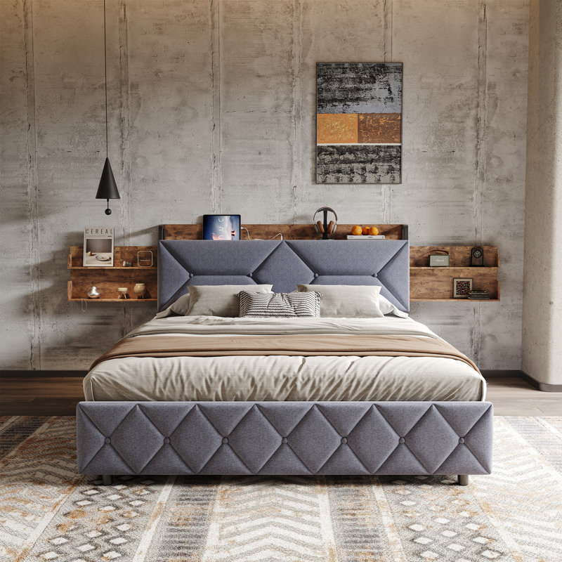 Fabric Bed Frame With Headboard Storage, USB Ports, Extended Side Shelves & 4 Drawers – Metal Frame