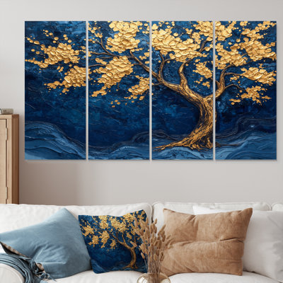 Or et bleu majestueux tronc d'arbre - ensemble d'art mural en toile de tilleul américain