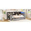 Lit plateforme simple en bois, avec tête de lit tapissier, rangement multiple, charge, bureau à DEL et encastré, station de recharge en bois de couleur grise, lumières, aspect ombragé-257682234