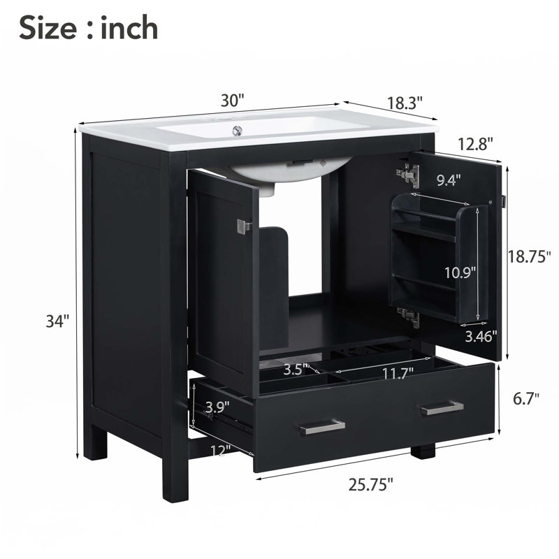 Meuble-lavabo 30 po avec lavabo simple, Argent argent, Noir, noir, noir, noir