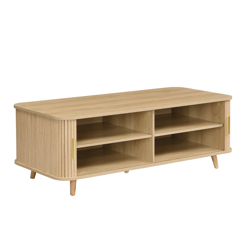 Table basse avec porte coulissante cannelée Eutiy et 4 tablettes ouvertes pour le salon, Naturel