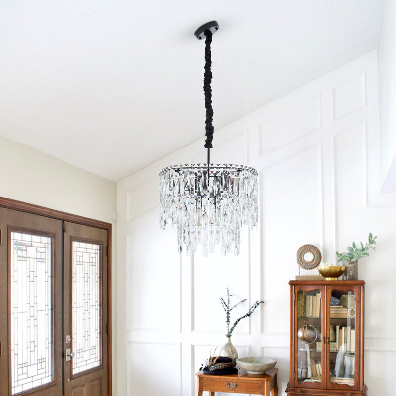 Modern 6-light Black Fringe Crystal Chandelier With Adjustable Chain For Dining Room Entryway With No Bulbs Included