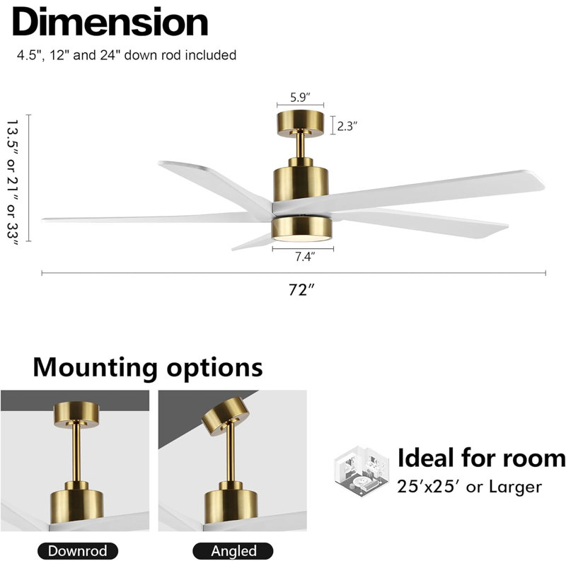 Ventilateur de plafond 72 po avec lumières DEL Sheran, Or avec pales blanches