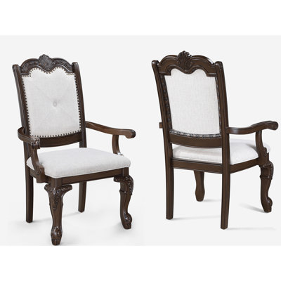 2 Arm Chairs In Traditional Style For Dining Spaces, Solid Wood, Coffee Brown Colour, Back, Beige Fabric Upholstery And Intricate Design Patterns 2 Room, Wood With Rich Finish, Fine Detailing On Frames