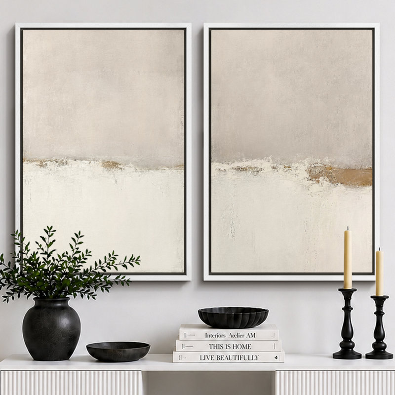 Paysage minimaliste «Œuvre abstraite grunge beige beige, images murales simples minimalistes neutres, impression sur toile encadrée, 2 pièces»