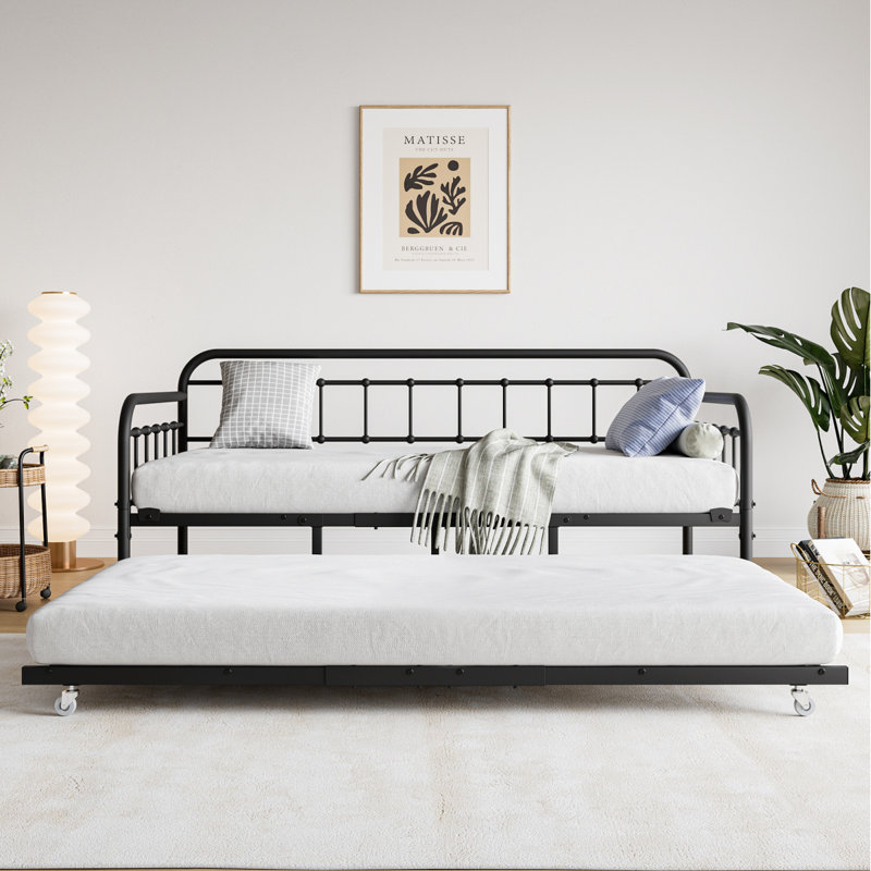 Structure de lit de jour simple en métal avec lit gigogne, plateforme de lit à lattes en acier robuste avec tête de lit, aucun sommier tapissier requis, noir