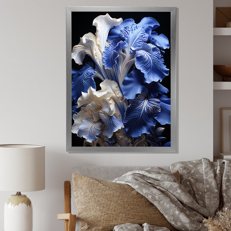 Blanc et bleu iris Elegance II - iris, art mural, Cadre photo argenté, H 20 po x l 12 po x P 1 po