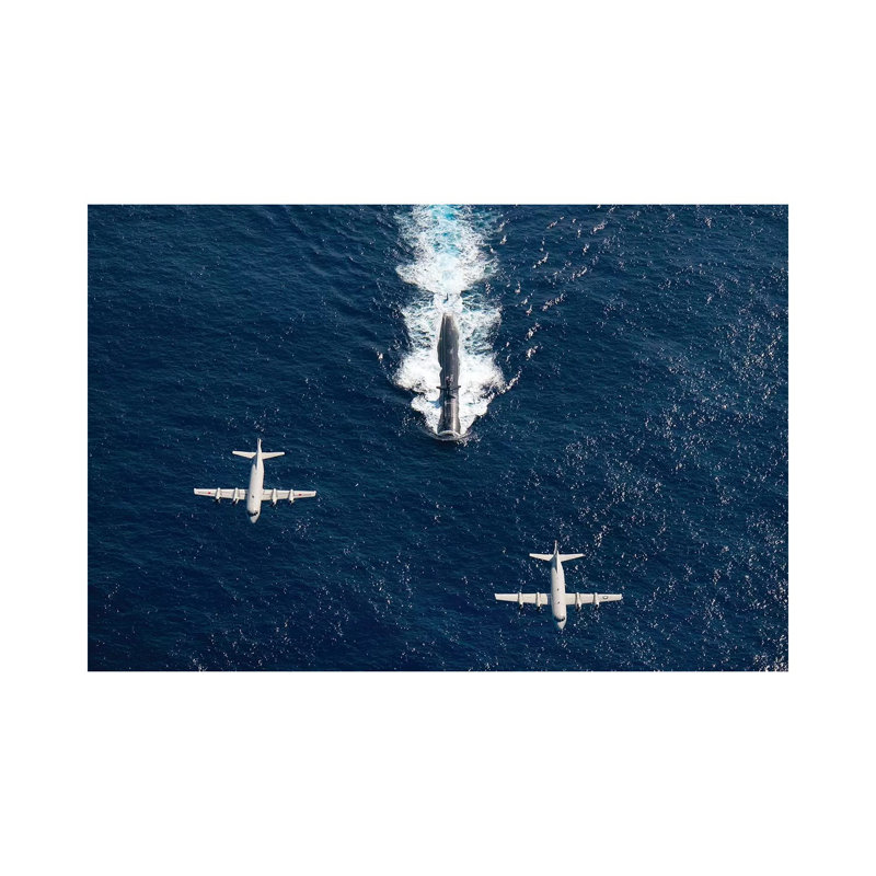 Two P-3 Orion Maritime Surveillance Aircraft Fly Over Attack Submarine USS Houston by Stocktrek Images - Wrapped Canvas Print