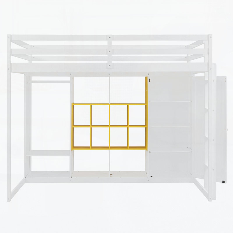 Lit en bois avec garde-robe, tablettes et armoire, Complète, Jaune / Blanc