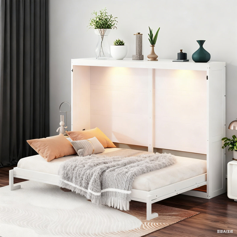 Queen Murphy Bed Cabinet With Lights, White