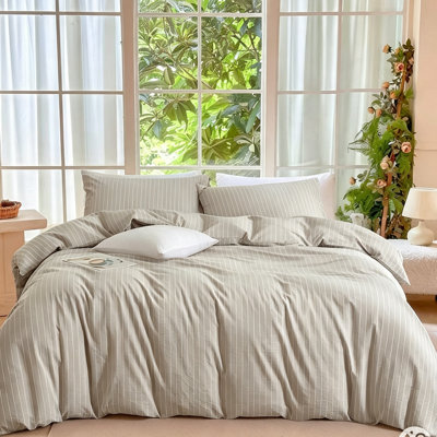 DONEUS Striped Duvet Cover Set 100% Washed Cotton Material Linen Like Soft Feelling Bedding Set