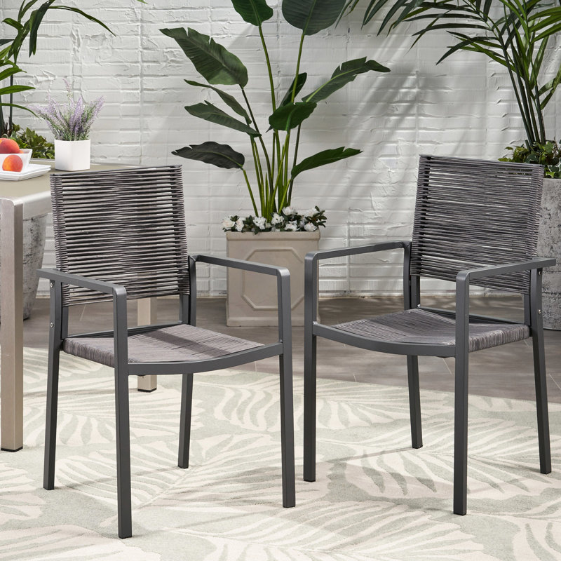 Chaise de salle à manger d'extérieur en aluminium avec assise en corde grise et foncée, 2 de 2, siège