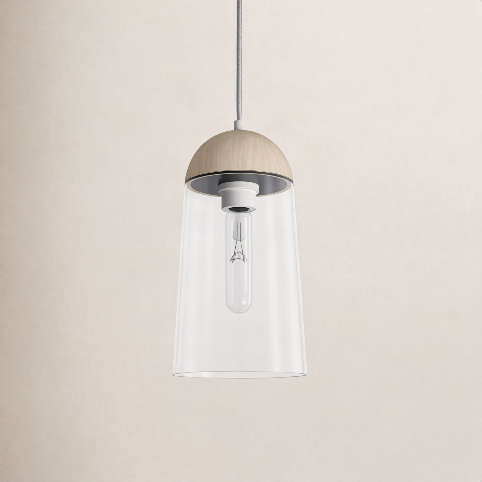 Tabitha Single Light Clear Glass Dimmable Pendant, White/White Oak, White Oak