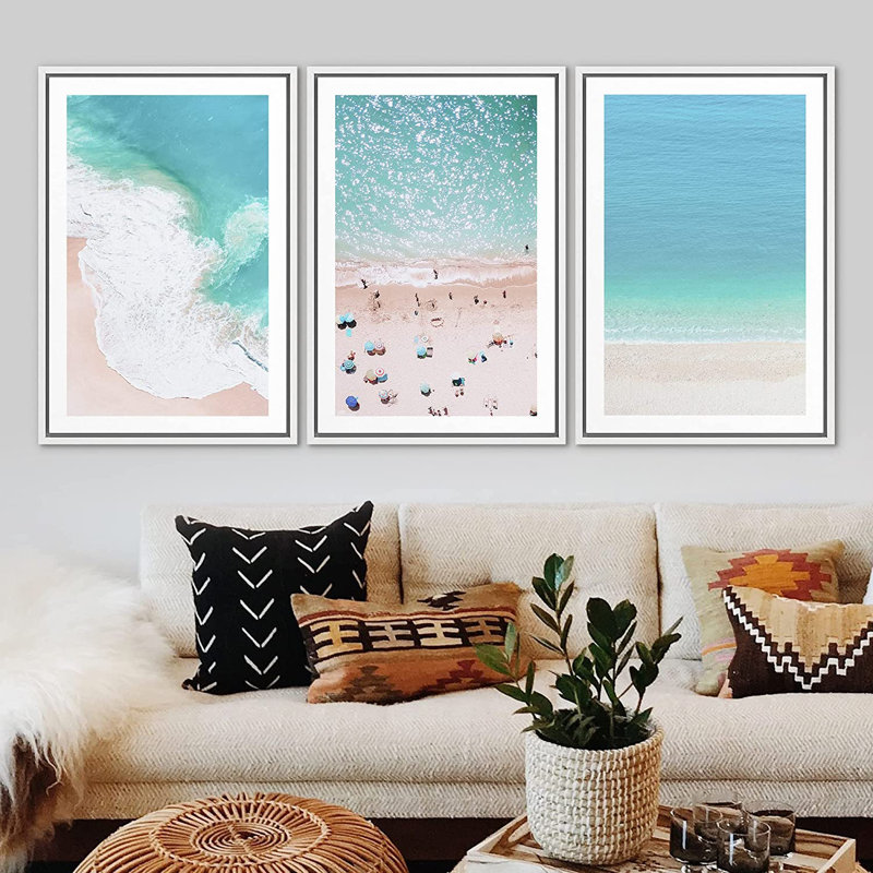 «Nautical Beach Clear Ocean Waves Coastal», reproduction d'art sur toile encadrée, H 36 po x l 72 po, Blanc