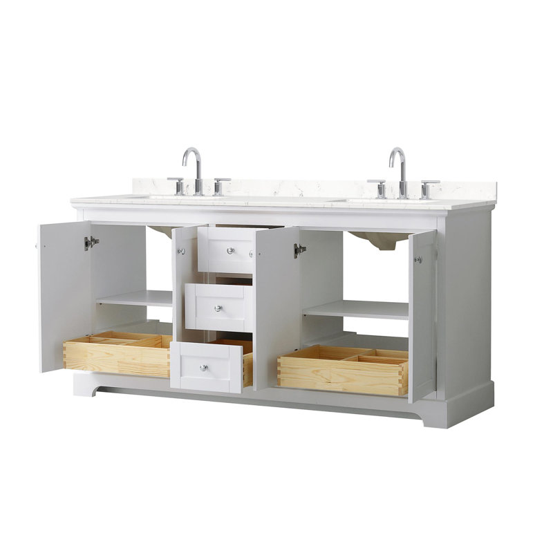 Meuble-lavabo double 72 po Avery en blanc, comptoir en marbre de culture de Carrare, lavabos carrés encastrés (3 trous), garniture en chrome poli