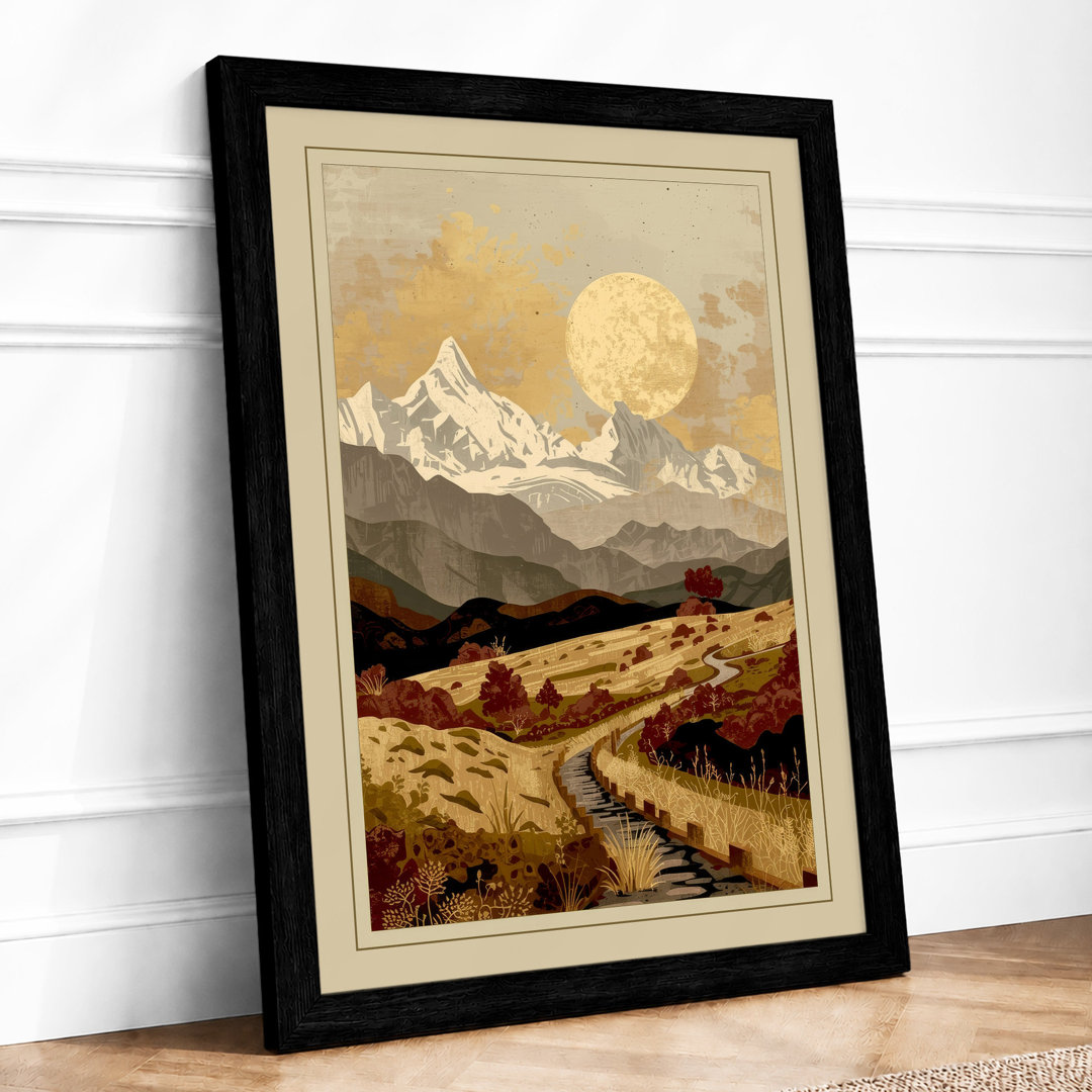 Mountain Under Moon Japandi - Framed Print
