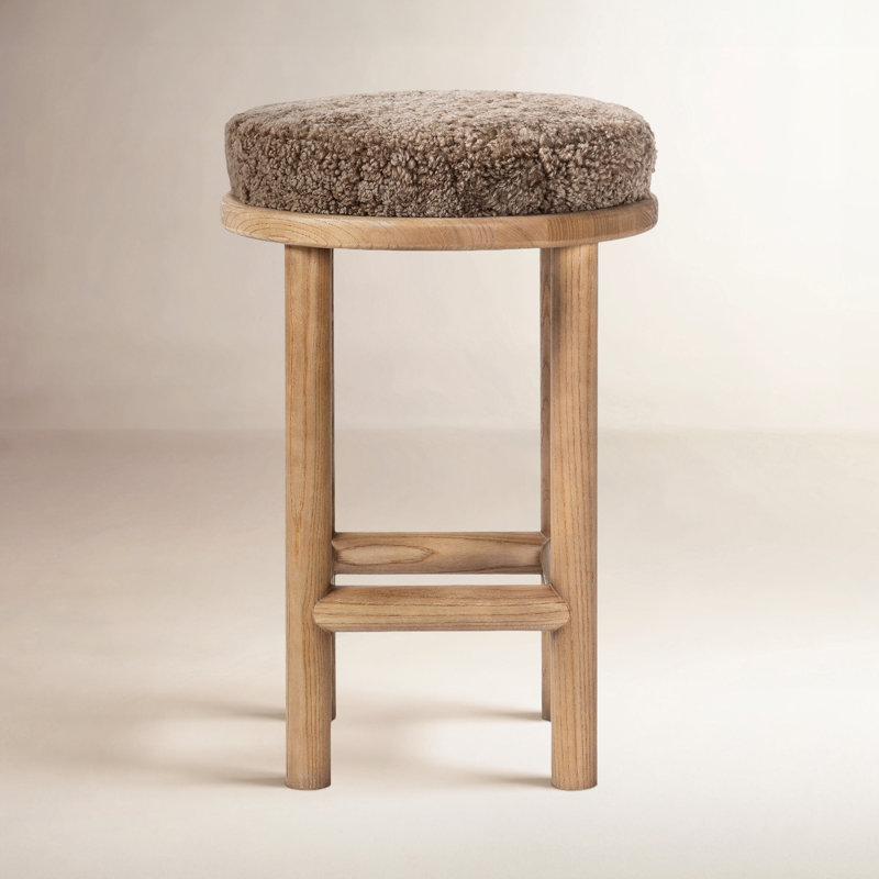 Saldino Upholstered Bar Stool with Solid Wood Frame, Natural, Taupe Shearling, Counter Stool (26" Seat Height)