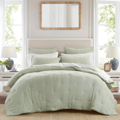 3 Cotton Gauze Embroidered Quilt For Full/Queen, Sage Color, Soft Natural , Breathable, All Season With Tacking And Shams Full/Queen , Sage, Use, Tacking, Matching