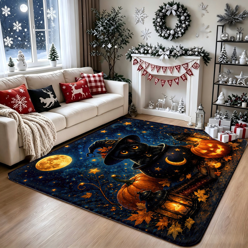 Tapis d'intérieur antidérapant Chat Noir Citrouille Lanterne, Chat Chapeau de Sorcière, pour salon, chambre, cuisine, décoration intérieure, décorations d'Halloween, décoration unique, décoration de chambre