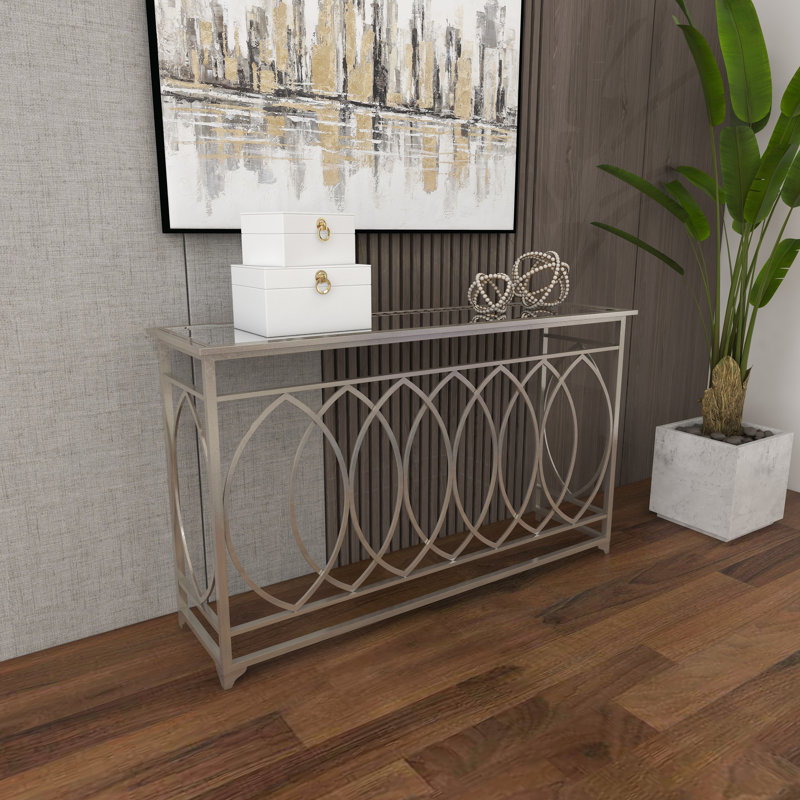 Metal Geometric Living Room Console Table with Mirrored Glass Top, Silver