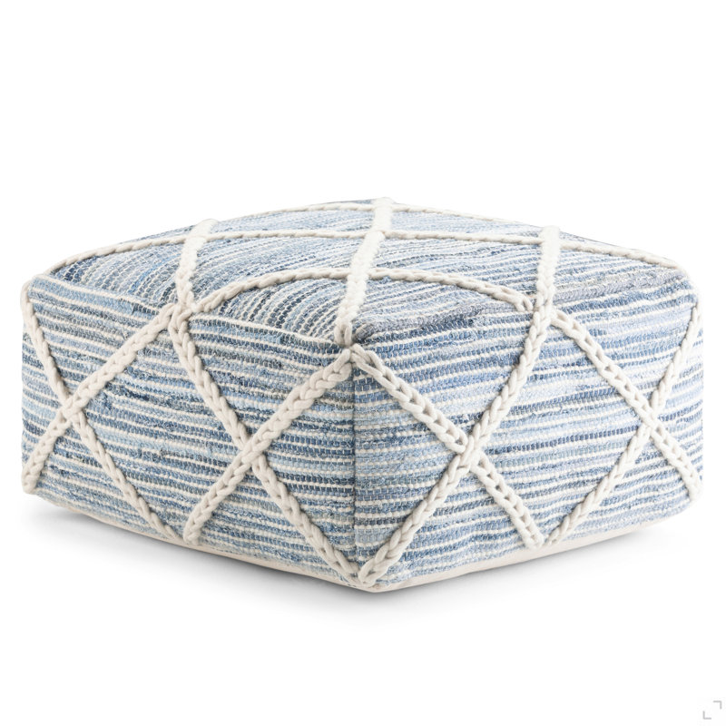Pouf carré de 20 pouces de largeur en laine et coton tissés à la main bleu et naturel