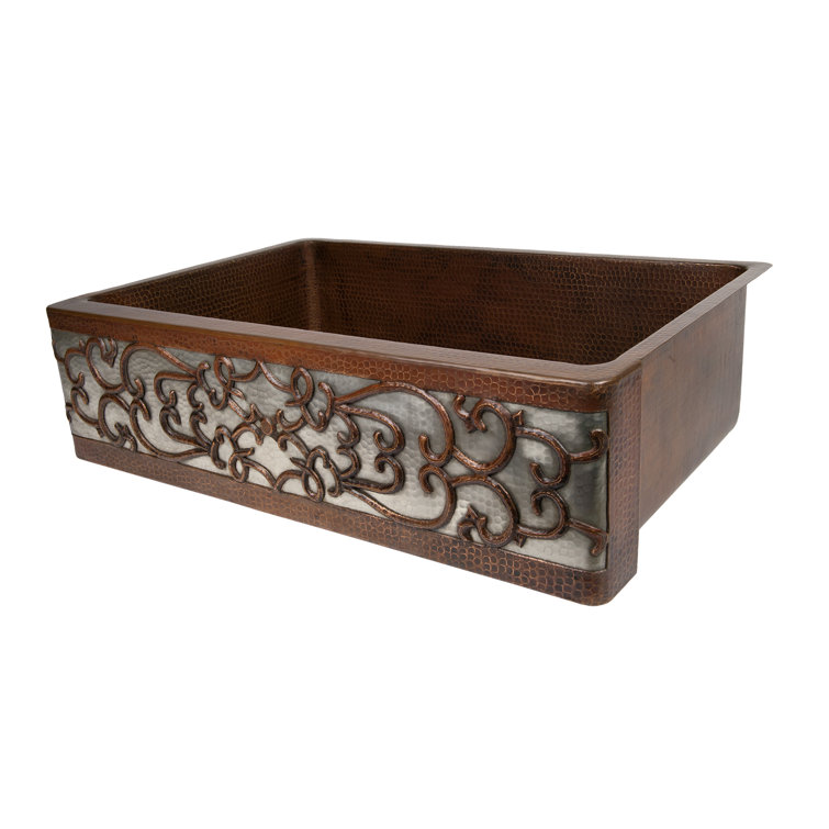 33" Hammered Copper Apron Front Single Basin Kitchen Sink w/ Scroll Design and Nickel Background
