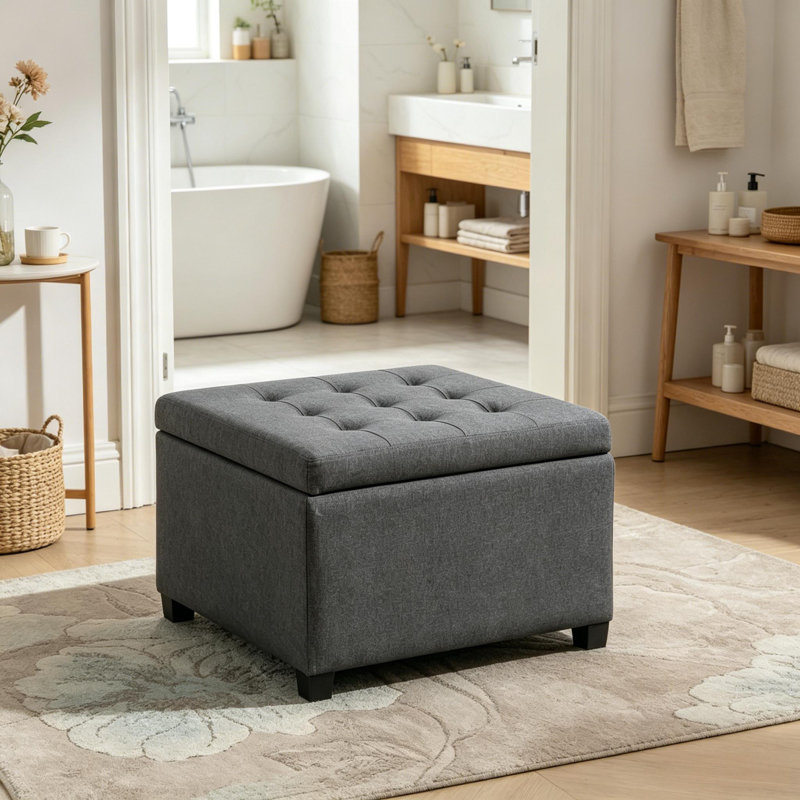 Button Tufted Square Storage Ottoman, Gray