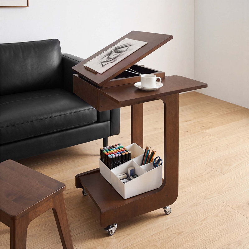 Table de bout en C en bois massif, table d'appoint roulante avec bureau réglable et pliable à 360 °, table de canapé avec support pour ordinateur portable pour la maison et le bureau