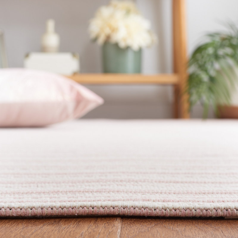 Ivory and Pink Striped Wool Rectangular Rug 5' x 7'