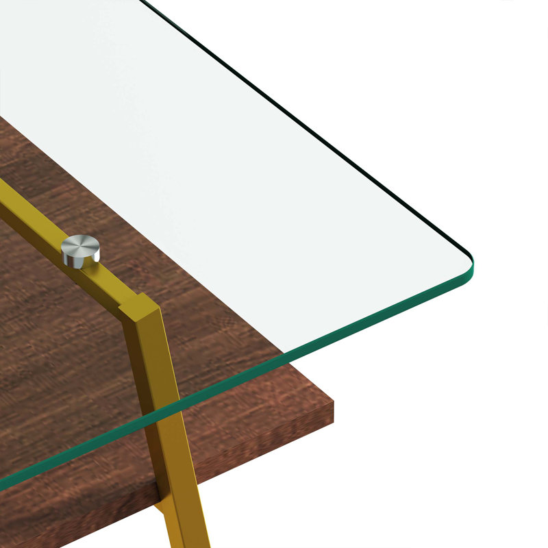 Shalia Rectangle Coffee Table with Meta Legs & MDF Storage Shelf, Transparent, Gold