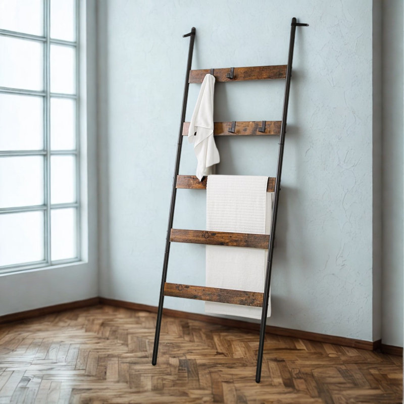 5-Tier Towel Blanket Ladder Shelf Rack With Hooks
