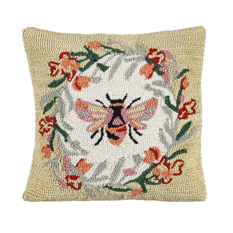 Bee Embroidered Square Indoor/Outdoor Throw Pillow