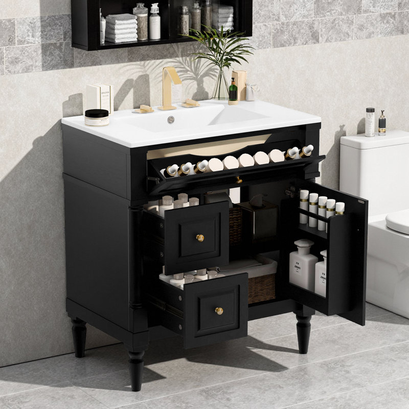 Meuble-lavabo autoportant de 30 pouces avec lavabo, tiroir rabattable et support de rangement noir, Noir
