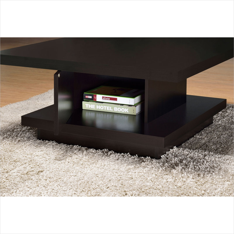 Table basse 35,5 pouces carrée avec base à piédestal et tablette, bois, finition cappuccino